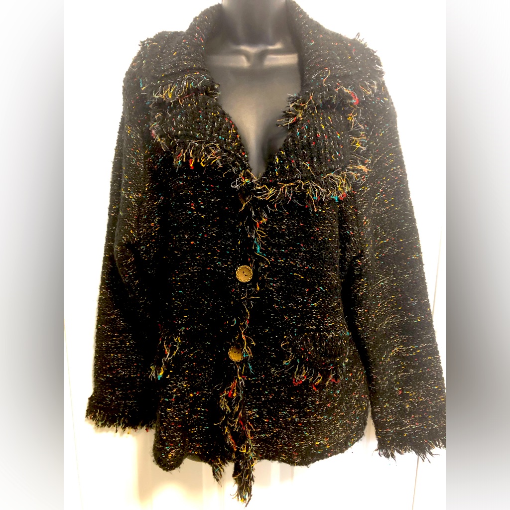 Roz&Ali 2x Woman Multicolored Shawl Collar Sweater. Heavier Weight.Fringe Detail
